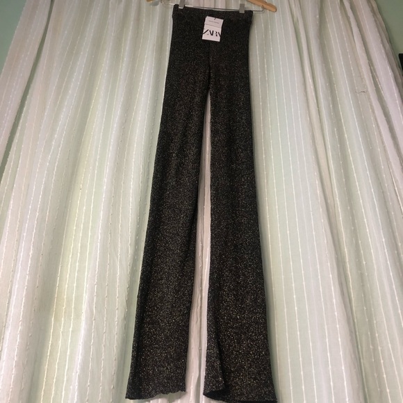 High waisted black and gold metallic knit pants - Picture 3 of 7